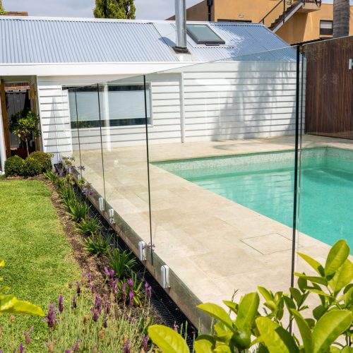 Pool coping and French pattern paving